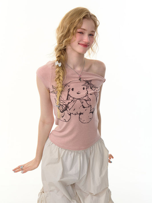 One Shoulder Bunny Graphic T-Shirt【s0000013159】