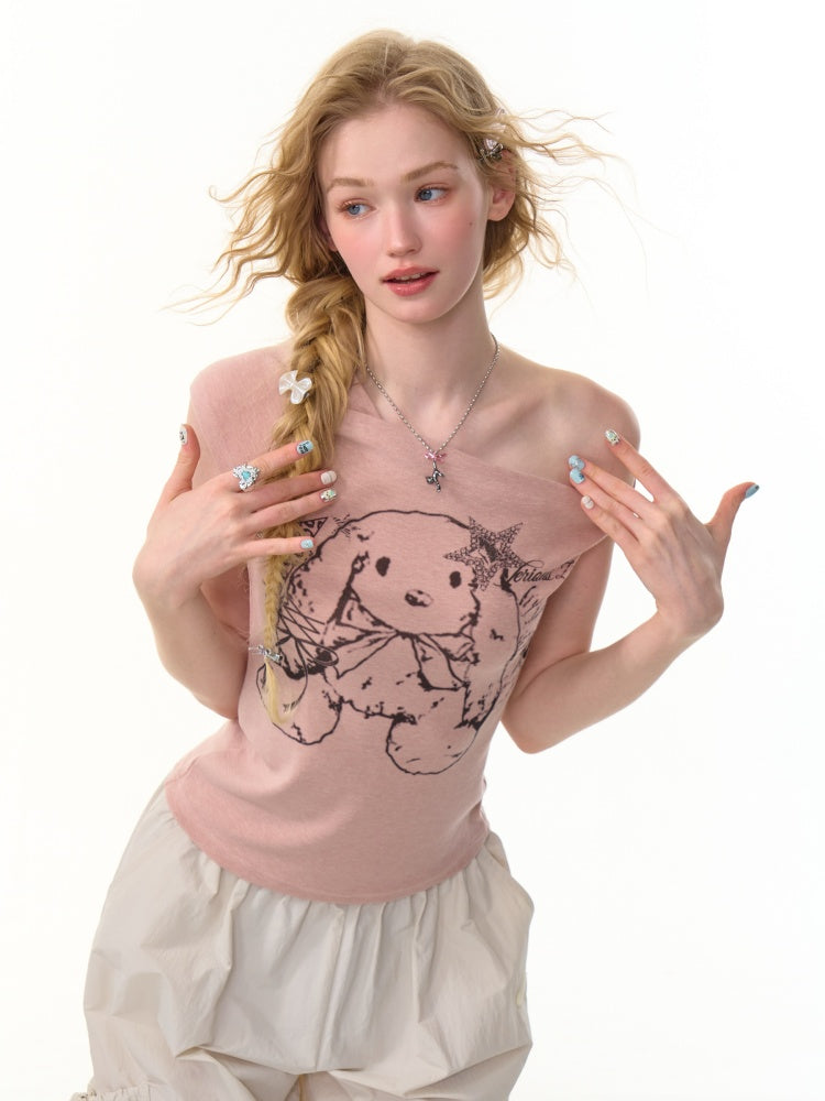 One Shoulder Bunny Graphic T-Shirt【s0000013159】