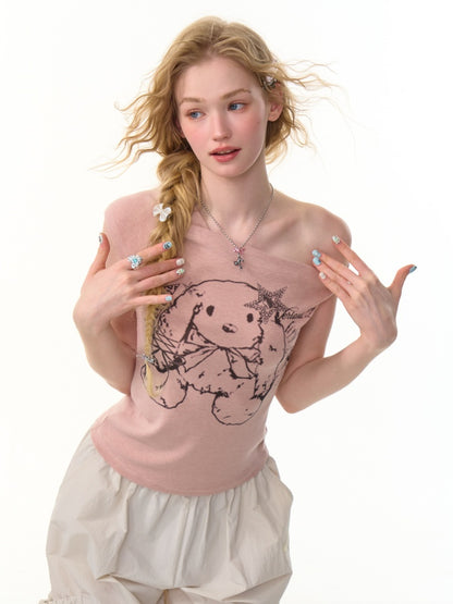 One Shoulder Bunny Graphic T-Shirt【s0000013159】