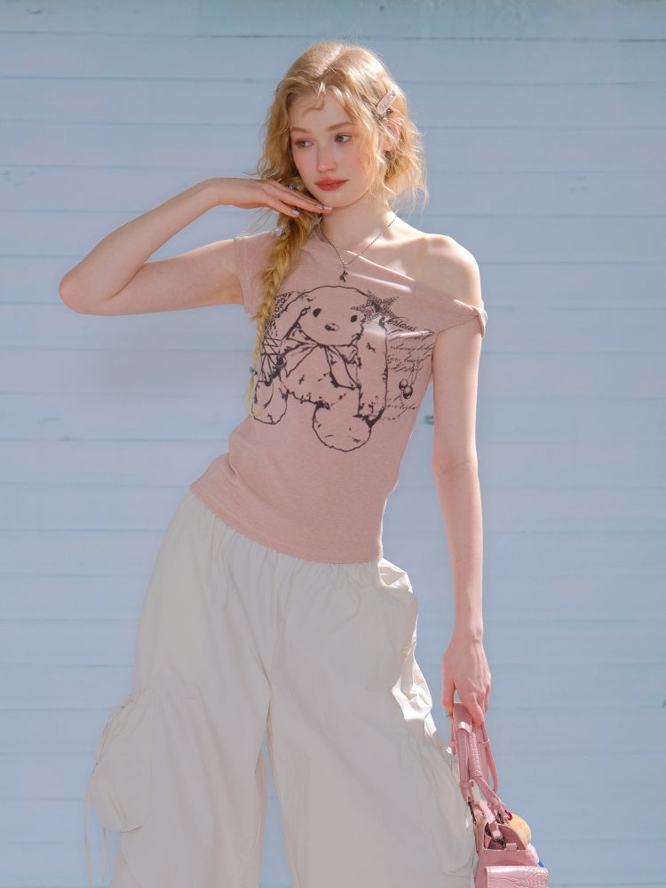 One Shoulder Bunny Graphic T-Shirt【s0000013159】