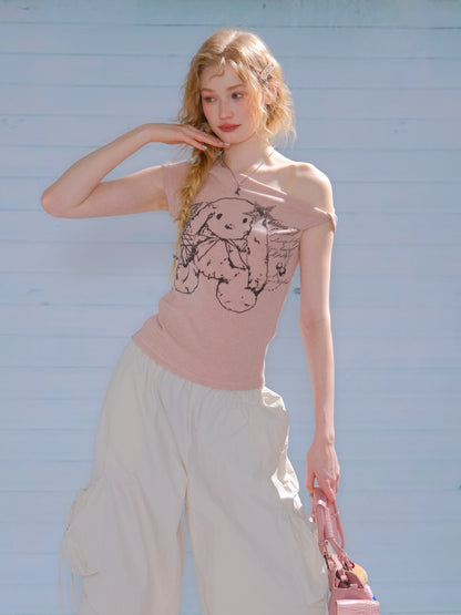 One Shoulder Bunny Graphic T-Shirt【s0000013159】