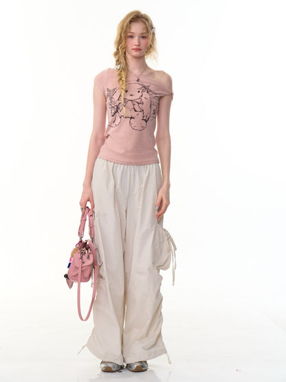 One Shoulder Bunny Graphic T-Shirt【s0000013159】