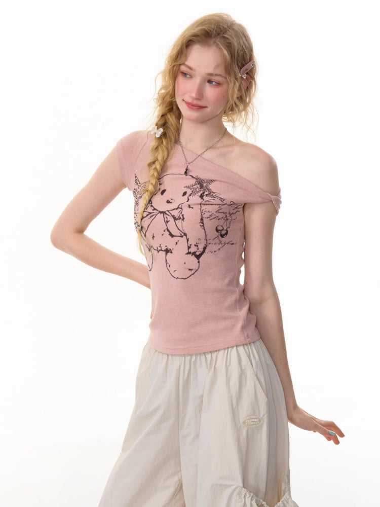 One Shoulder Bunny Graphic T-Shirt【s0000013159】