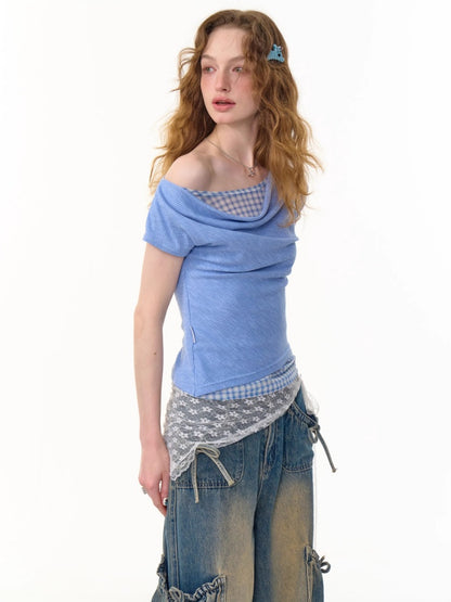 Faux Layered Plaid Drape Neck Short Sleeve T-Shirt【s0000013160】
