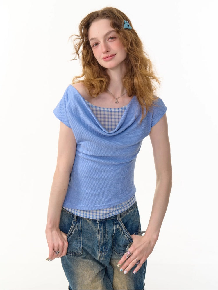 Faux Layered Plaid Drape Neck Short Sleeve T-Shirt【s0000013160】