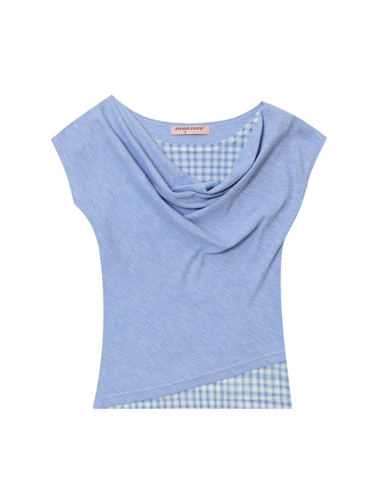Faux Layered Plaid Drape Neck Short Sleeve T-Shirt【s0000013160】