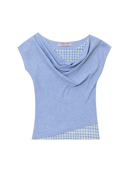 Faux Layered Plaid Drape Neck Short Sleeve T-Shirt【s0000013160】