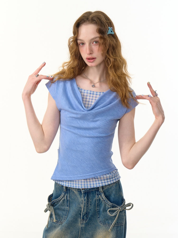 Faux Layered Plaid Drape Neck Short Sleeve T-Shirt【s0000013160】