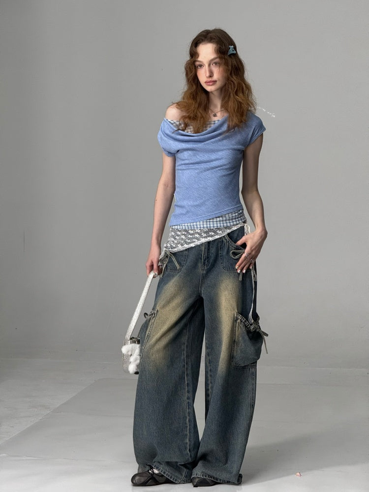 Faux Layered Plaid Drape Neck Short Sleeve T-Shirt【s0000013160】