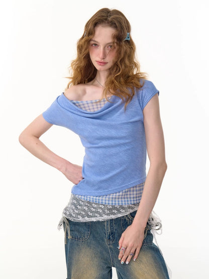Faux Layered Plaid Drape Neck Short Sleeve T-Shirt【s0000013160】