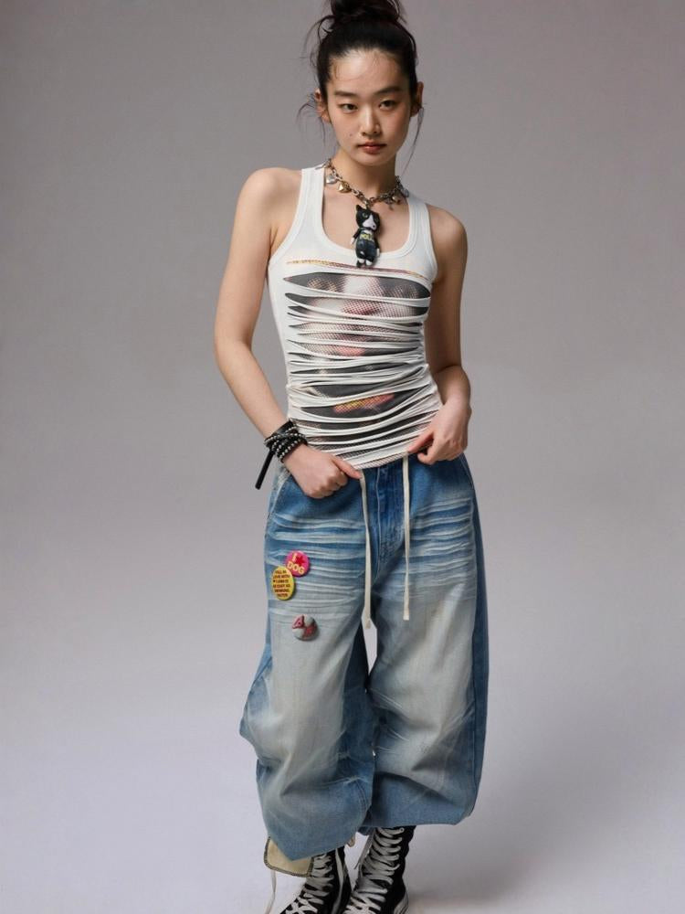 Irregular Hole Cat Print Double Layer Sleeveless Tops【s0000013382】