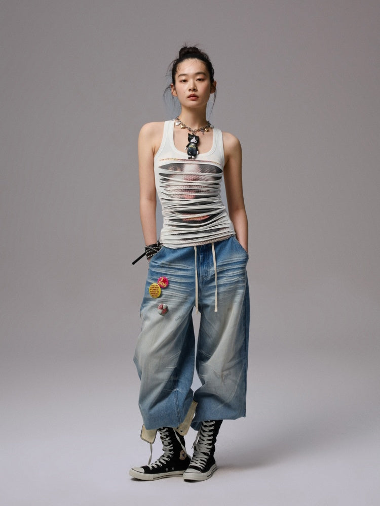 Irregular Hole Cat Print Double Layer Sleeveless Tops【s0000013382】