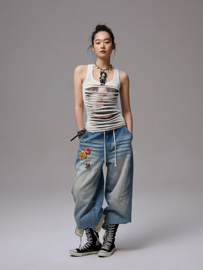 Irregular Hole Cat Print Double Layer Sleeveless Tops【s0000013382】