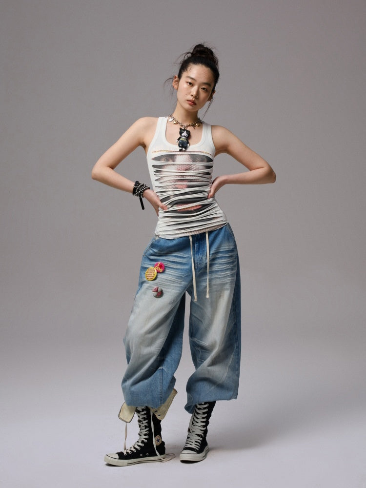 Irregular Hole Cat Print Double Layer Sleeveless Tops【s0000013382】