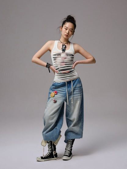 Irregular Hole Cat Print Double Layer Sleeveless Tops【s0000013382】