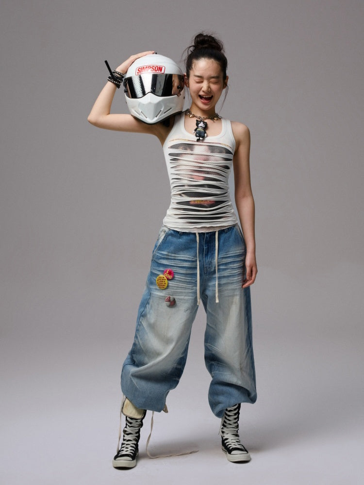 Irregular Hole Cat Print Double Layer Sleeveless Tops【s0000013382】