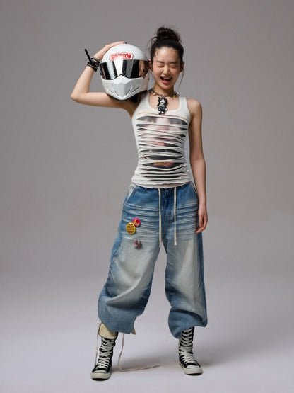 Irregular Hole Cat Print Double Layer Sleeveless Tops【s0000013382】