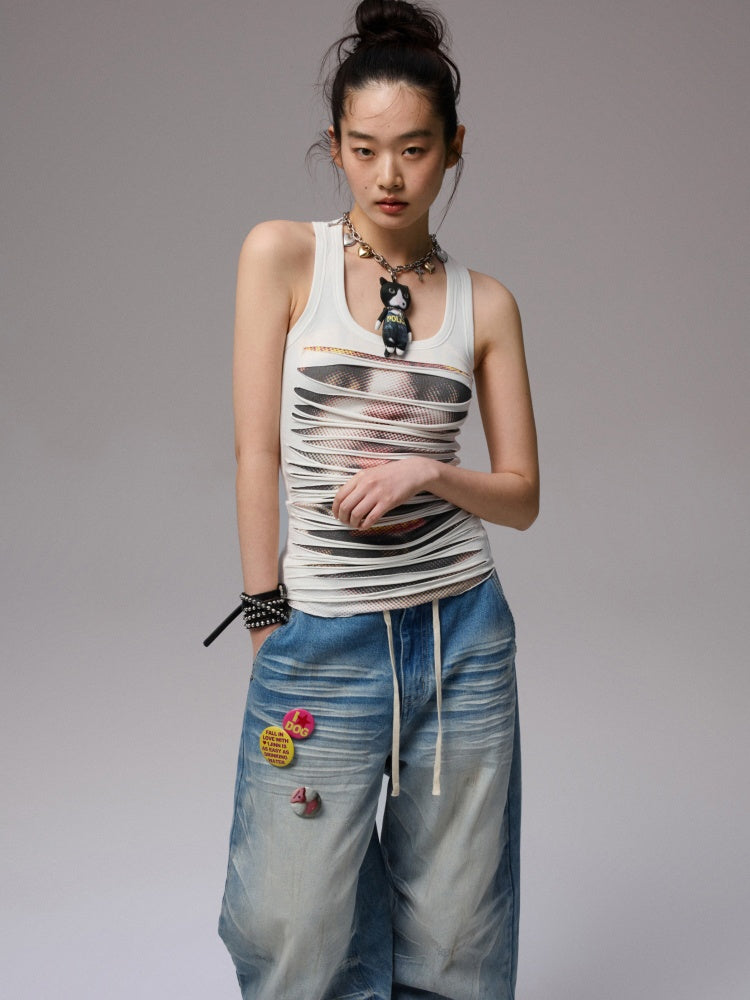 Irregular Hole Cat Print Double Layer Sleeveless Tops【s0000013382】