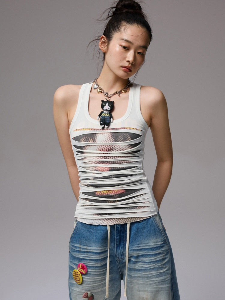 Irregular Hole Cat Print Double Layer Sleeveless Tops【s0000013382】