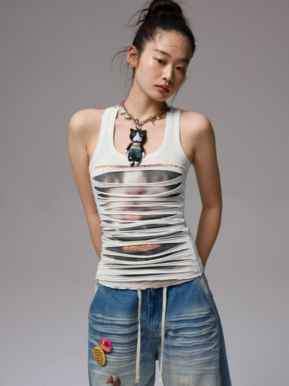 Irregular Hole Cat Print Double Layer Sleeveless Tops【s0000013382】