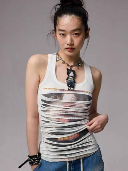 Irregular Hole Cat Print Double Layer Sleeveless Tops【s0000013382】