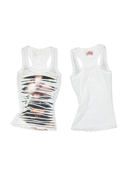 Irregular Hole Cat Print Double Layer Sleeveless Tops【s0000013382】