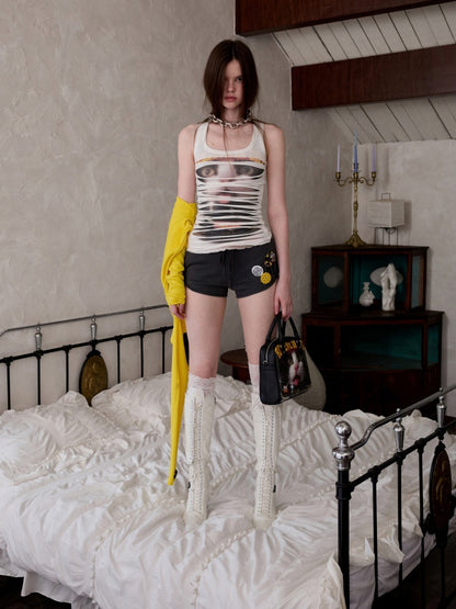 Irregular Hole Cat Print Double Layer Sleeveless Tops【s0000013382】