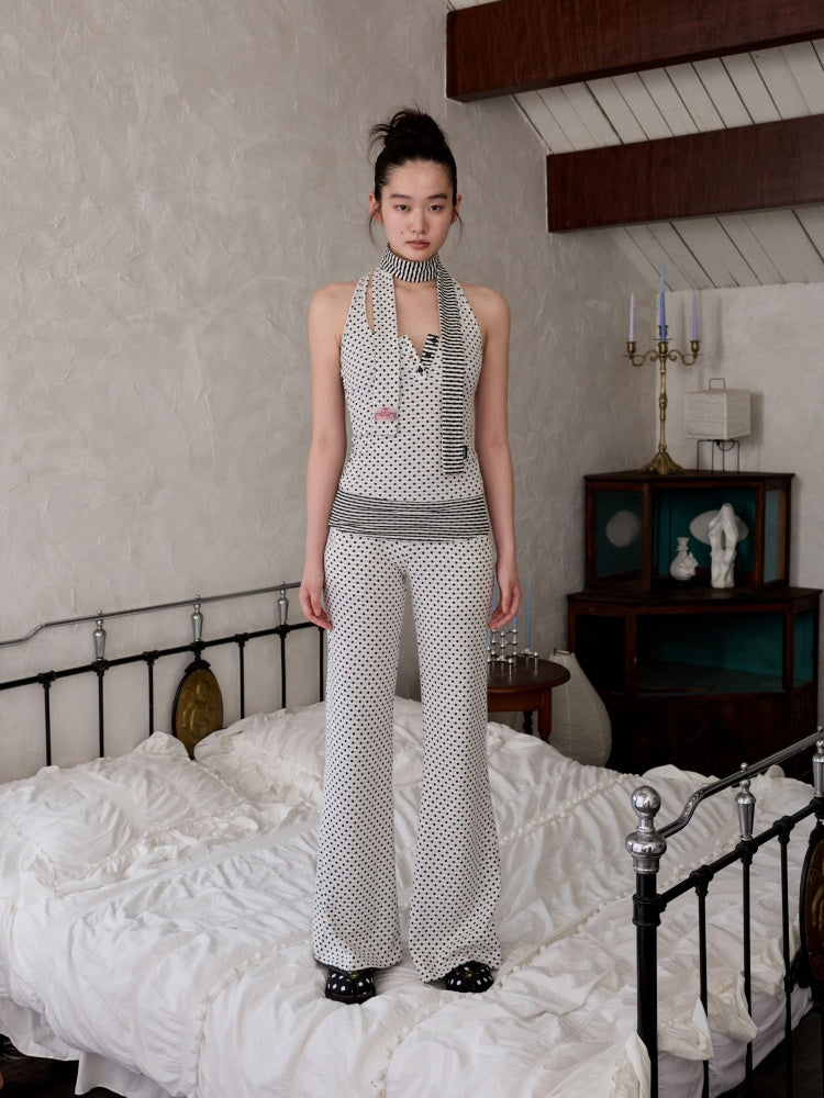 Henley Collar Polka Dot Striped Racerback Tank Top & High Waisted Easy Pants Set【s0000013383】