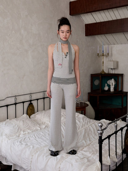 Henley Collar Polka Dot Striped Racerback Tank Top & High Waisted Easy Pants Set【s0000013383】