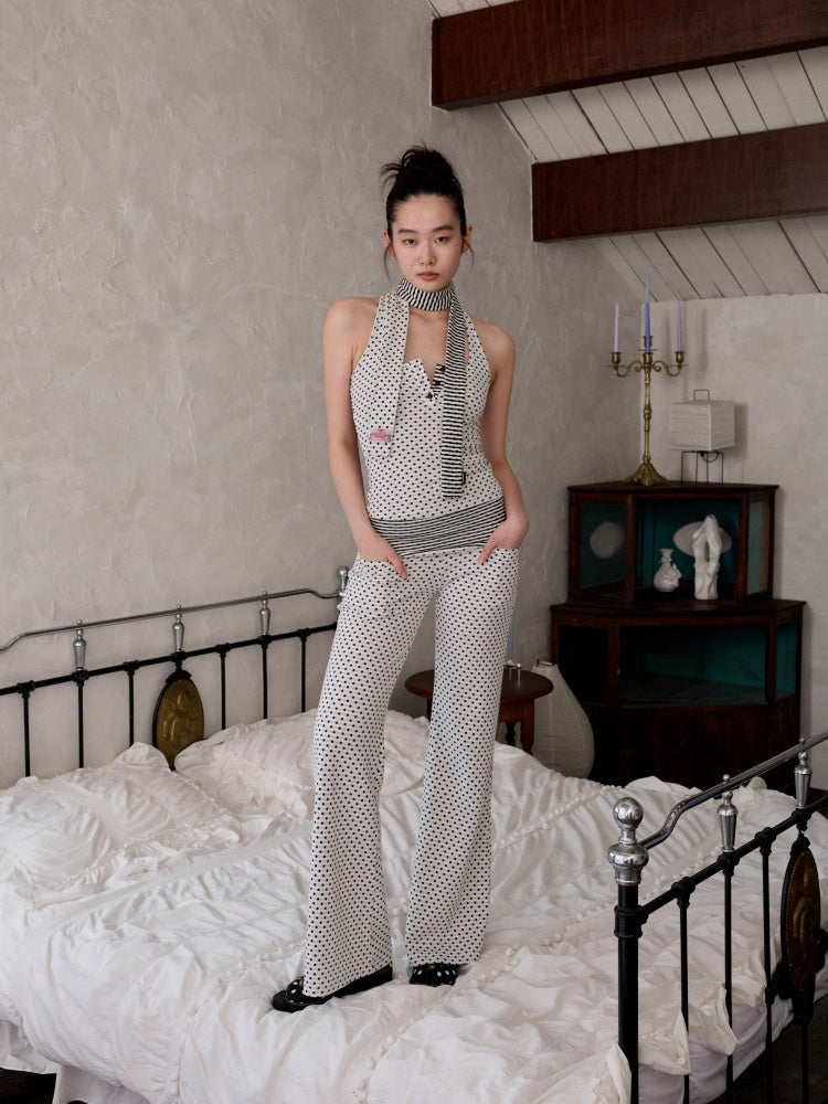 Henley Collar Polka Dot Striped Racerback Tank Top & High Waisted Easy Pants Set【s0000013383】