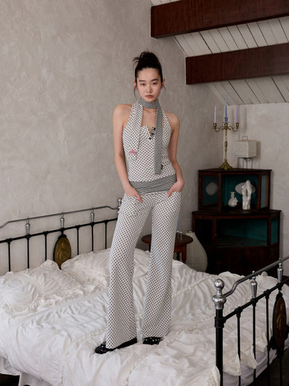 Henley Collar Polka Dot Striped Racerback Tank Top & High Waisted Easy Pants Set【s0000013383】