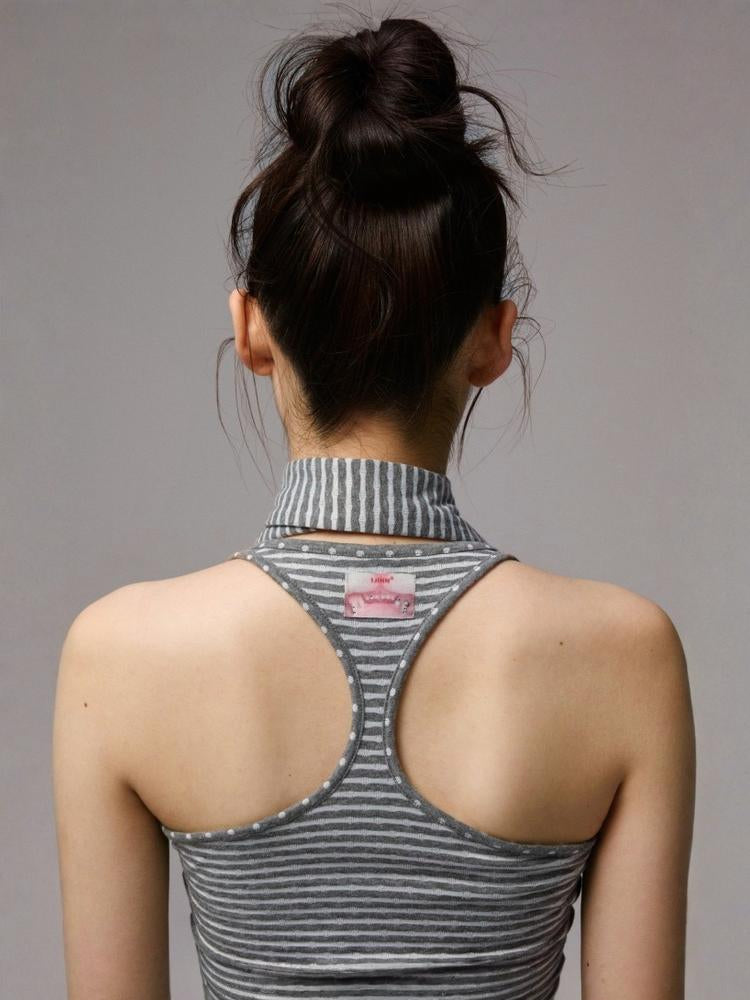 Henley Collar Polka Dot Striped Racerback Tank Top & High Waisted Easy Pants Set【s0000013383】