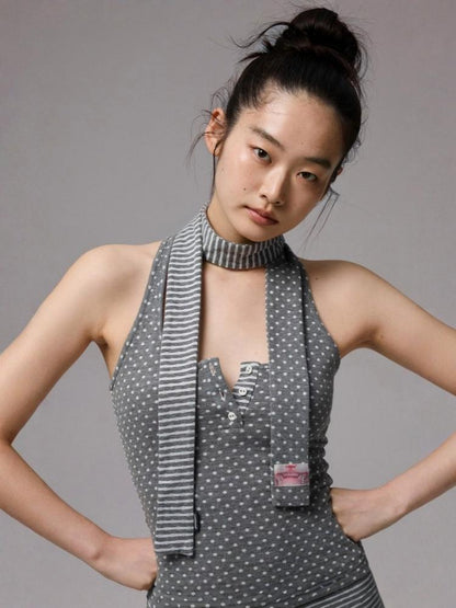 Henley Collar Polka Dot Striped Racerback Tank Top & High Waisted Easy Pants Set【s0000013383】