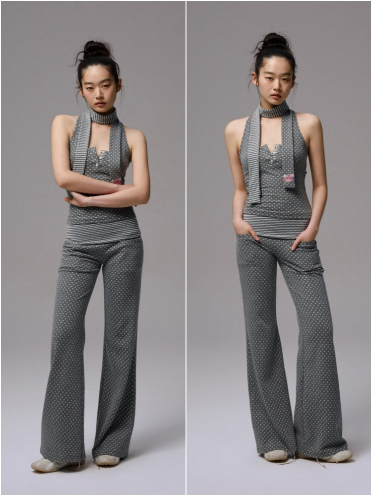 Henley Collar Polka Dot Striped Racerback Tank Top & High Waisted Easy Pants Set【s0000013383】