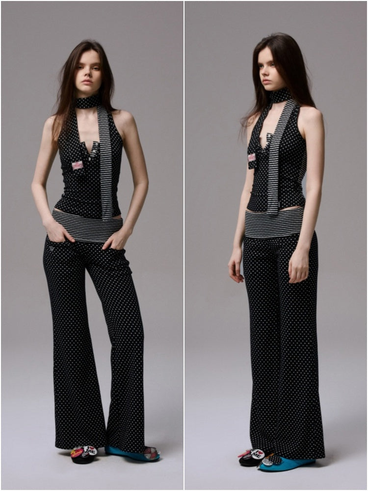 Henley Collar Polka Dot Striped Racerback Tank Top & High Waisted Easy Pants Set【s0000013383】