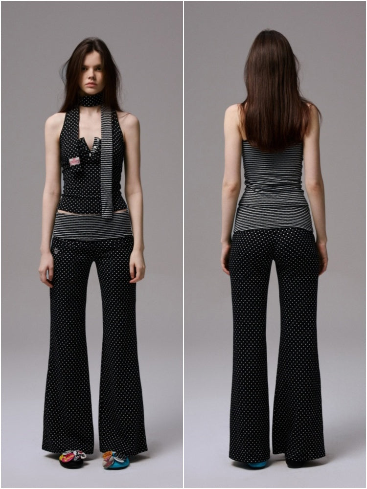 Henley Collar Polka Dot Striped Racerback Tank Top & High Waisted Easy Pants Set【s0000013383】