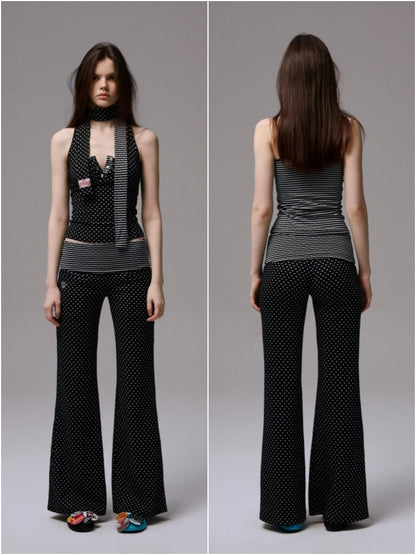 Henley Collar Polka Dot Striped Racerback Tank Top & High Waisted Easy Pants Set【s0000013383】