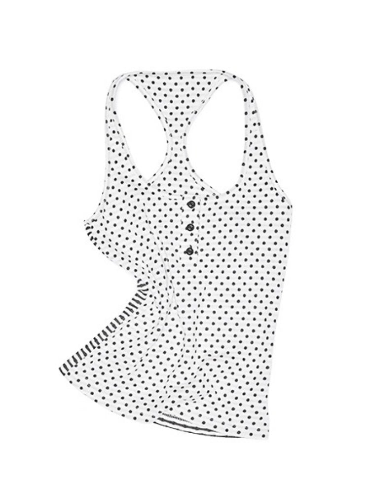Henley Collar Polka Dot Striped Racerback Tank Top & High Waisted Easy Pants Set【s0000013383】