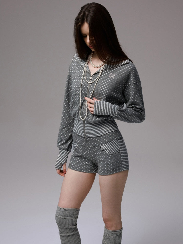 Polka Dot Striped Slimming Suspender Jumpsuit Loose Short Zip-up Hoodie Set【s0000013384】
