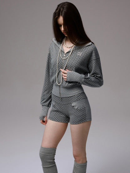 Polka Dot Striped Slimming Suspender Jumpsuit Loose Short Zip-up Hoodie Set【s0000013384】