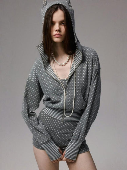 Polka Dot Striped Slimming Suspender Jumpsuit Loose Short Zip-up Hoodie Set【s0000013384】