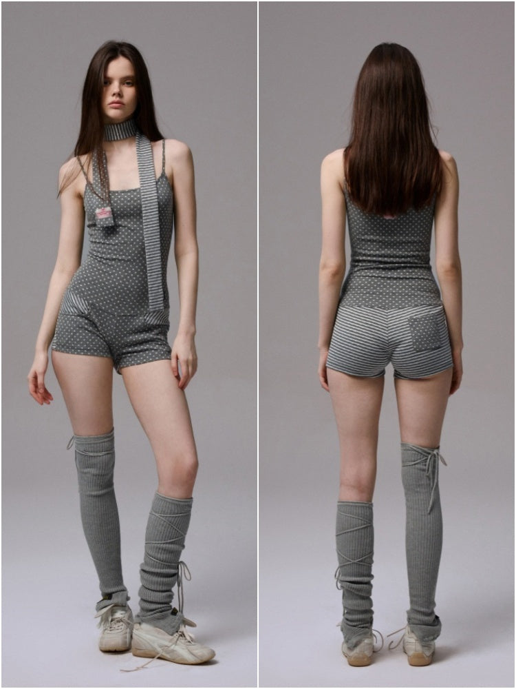 Polka Dot Striped Slimming Suspender Jumpsuit Loose Short Zip-up Hoodie Set【s0000013384】