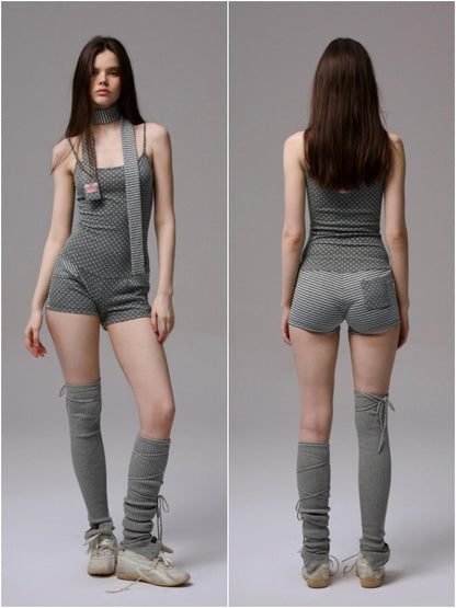 Polka Dot Striped Slimming Suspender Jumpsuit Loose Short Zip-up Hoodie Set【s0000013384】