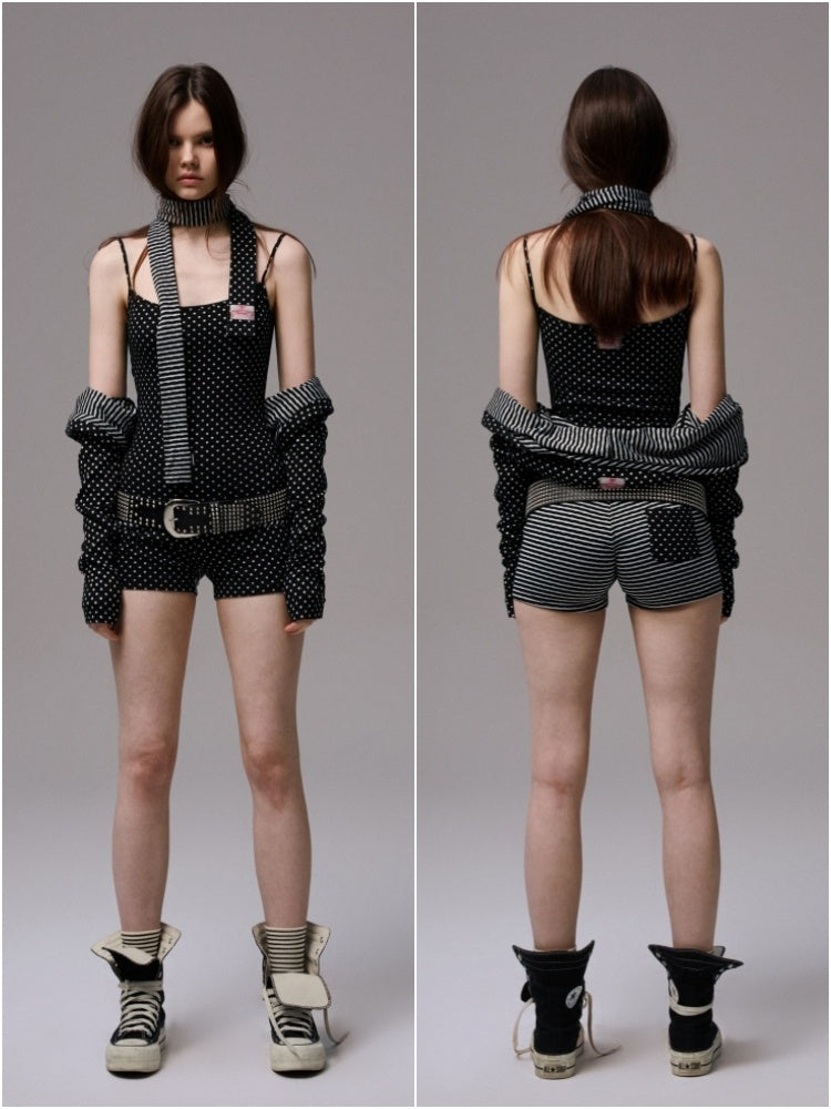 Polka Dot Striped Slimming Suspender Jumpsuit Loose Short Zip-up Hoodie Set【s0000013384】