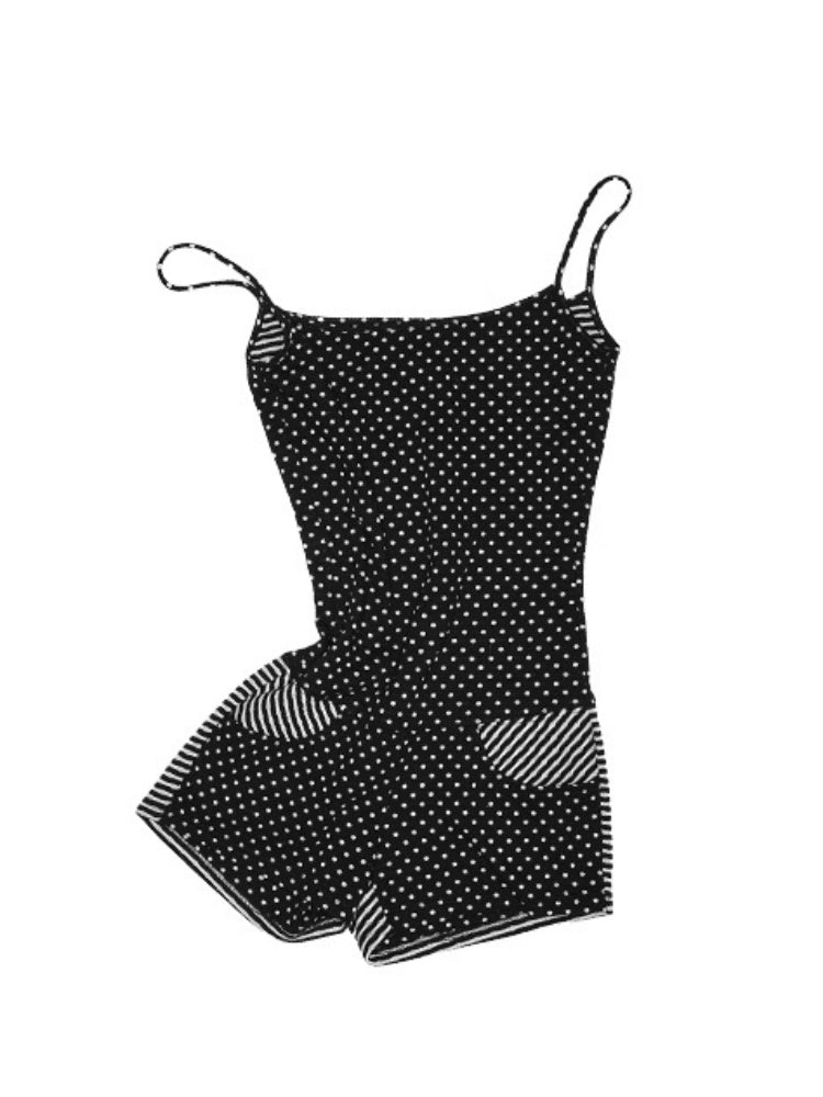 Polka Dot Striped Slimming Suspender Jumpsuit Loose Short Zip-up Hoodie Set【s0000013384】