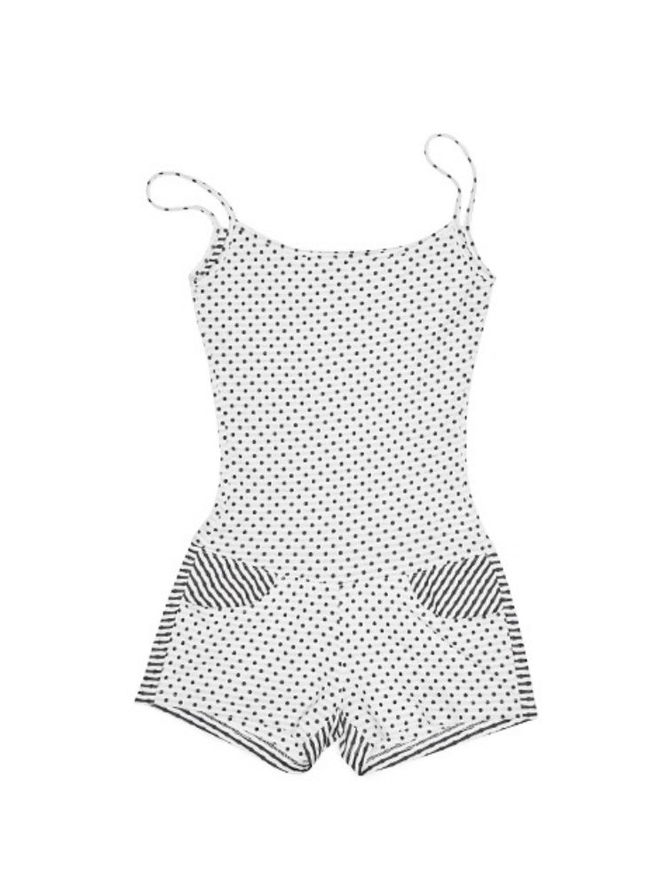 Polka Dot Striped Slimming Suspender Jumpsuit Loose Short Zip-up Hoodie Set【s0000013384】