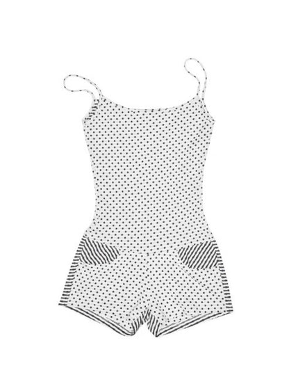 Polka Dot Striped Slimming Suspender Jumpsuit Loose Short Zip-up Hoodie Set【s0000013384】