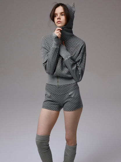 Polka Dot Devil Horn Zip-up Cropped Hoodie【s0000013385】