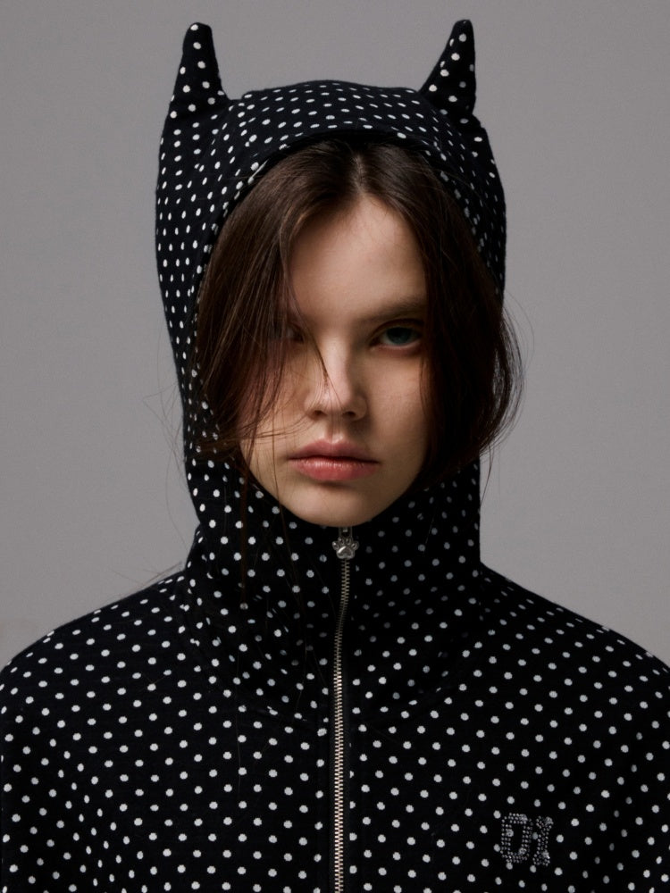 Polka Dot Devil Horn Zip-up Cropped Hoodie【s0000013385】