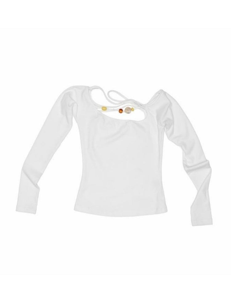 Off Shoulder Beaded Strap Long Sleeved T-Shirt【s0000013386】